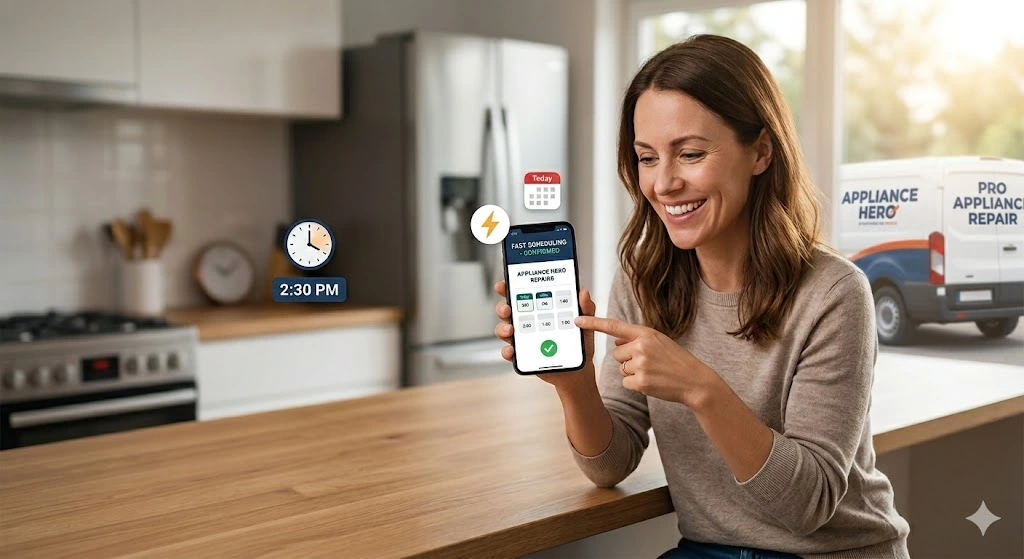 A happy woman in a kitchen using a smartphone to book a fast appliance repair appointment with pro appliance repair
