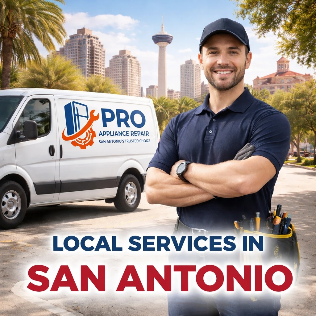A professional appliance repair technician smiling with arms crossed in front of a service van, featuring the San Antonio skyline and "Pro Appliance Repair" branding.