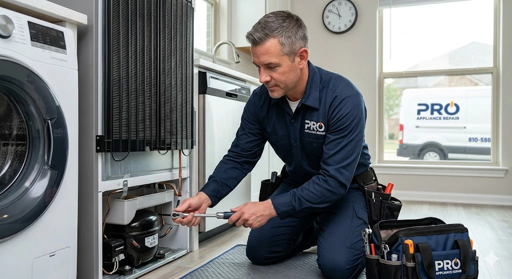Pro Appliance Repair technician fixing a refrigerator in a San Antonio kitchen.