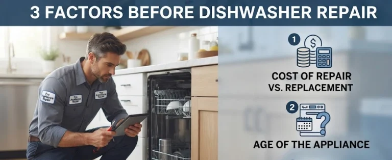 Infographic showing a technician and three factors for dishwasher repair: cost, age, and parts.