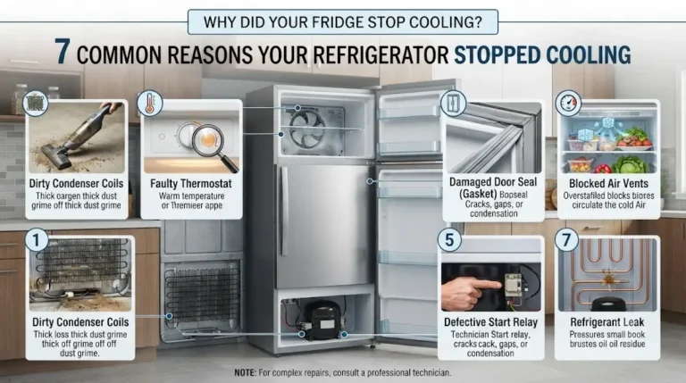 Infographic illustrating seven common causes for a refrigerator failing to cool, including dirty coils, faulty thermostats, and refrigerant leaks.