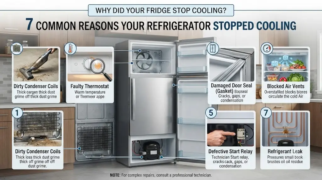Infographic illustrating seven common causes for a refrigerator failing to cool, including dirty coils, faulty thermostats, and refrigerant leaks.