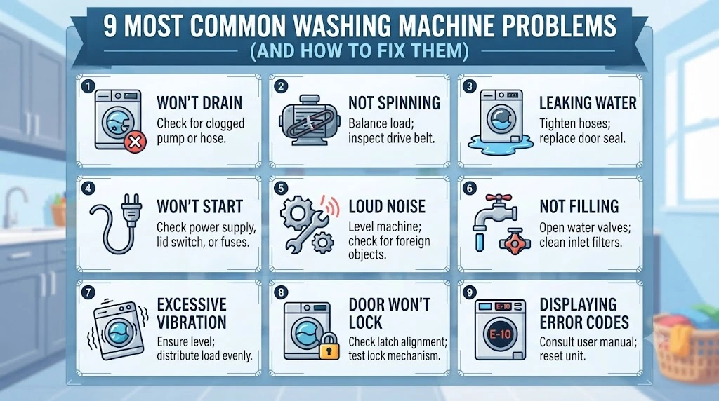Infographic titled '9 MOST COMMON WASHING MACHINE PROBLEMS (AND HOW TO FIX THEM)' in a 3x3 grid. Each panel provides icon-based troubleshooting for issues like draining, spinning, leaking, and error codes.