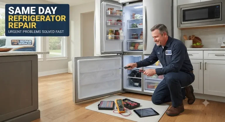 Appliance repair technician kneels to fix a stainless steel refrigerator in a modern kitchen, with tools and a service van visible.