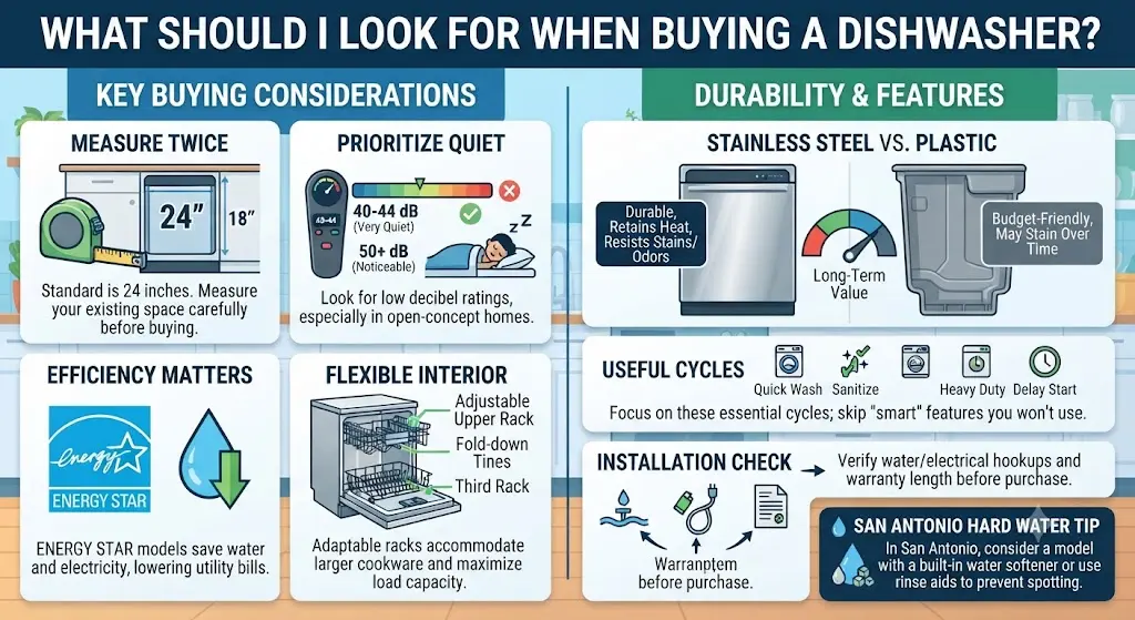 Infographic guide titled 'What Should I Look For When Buying a Dishwasher?' covering size, noise, efficiency, interior flexibility, and features, with a specific tip for San Antonio hard water.